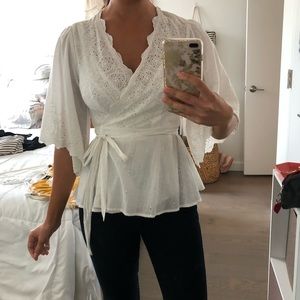 Anthropologie White Eyelet Wrap Blouse